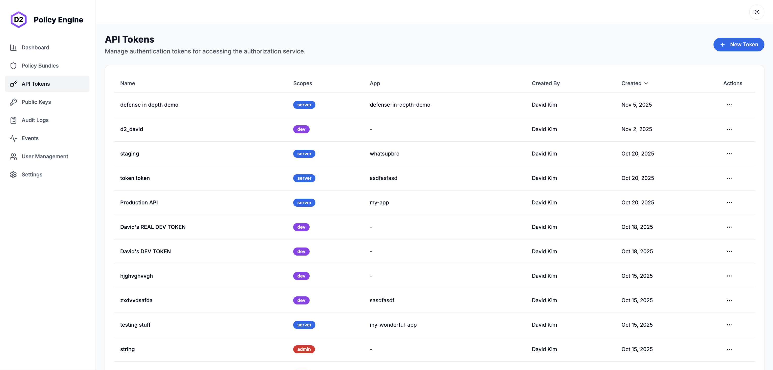 D2 Policy Engine API Token Management
